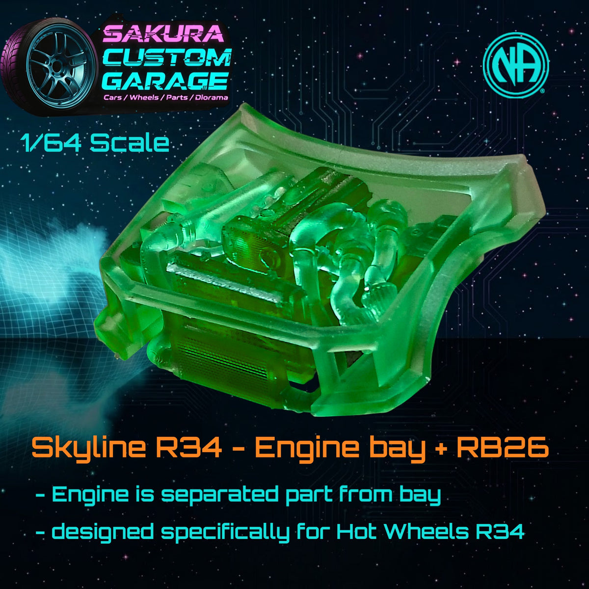 1/64 Custom kit: Engine Bay with RB26DETT Engine - for Hot Wheels Nissan Skyline GT-R R34 (BCNR34)